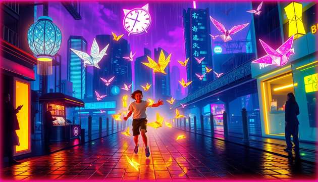 Lanterns Drift Through Neon Rain - Jabali AI Poster