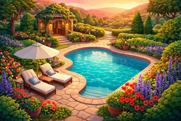 Sunset Retreat: Poolside Secrets - Jabali AI Poster