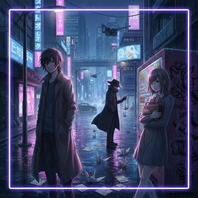 Origami Cranes Beneath Neon Rain - Jabali AI Poster