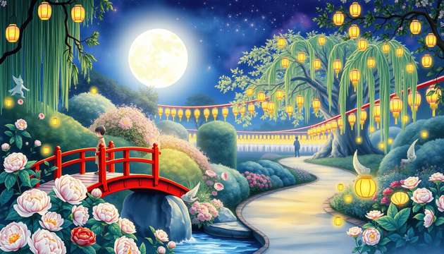 Lantern Festival in Yoru-no-Niwa - Jabali AI Poster